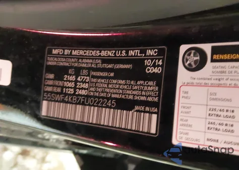 2015 Mercedes-Benz C 300 Sport 4Matic из США, поврежденный, VIN 55SWF4KB7FU022245